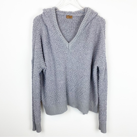 POL | Gray Nubby Popcorn Knit Chenille Soft Cozy Hooded Pullover Sweater - Picture 3 of 10